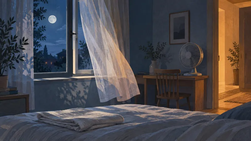 A cool bedroom at night with a window open, a light curtain moving in the breeze, a desk fan and a folded cotton sheet on the bed.