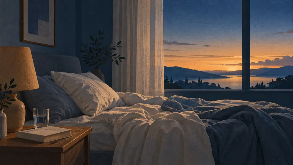 A quiet bedroom at dawn: an unmade bed, a glass of water and a closed book on the bedside table, and the sky turning amber outside the window.