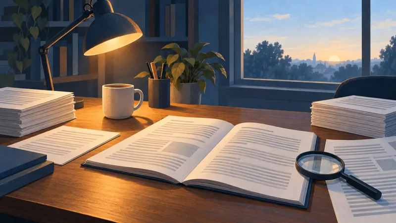 A desk in early morning light with stacks of printed papers, an open journal, a magnifying glass and a desk lamp.