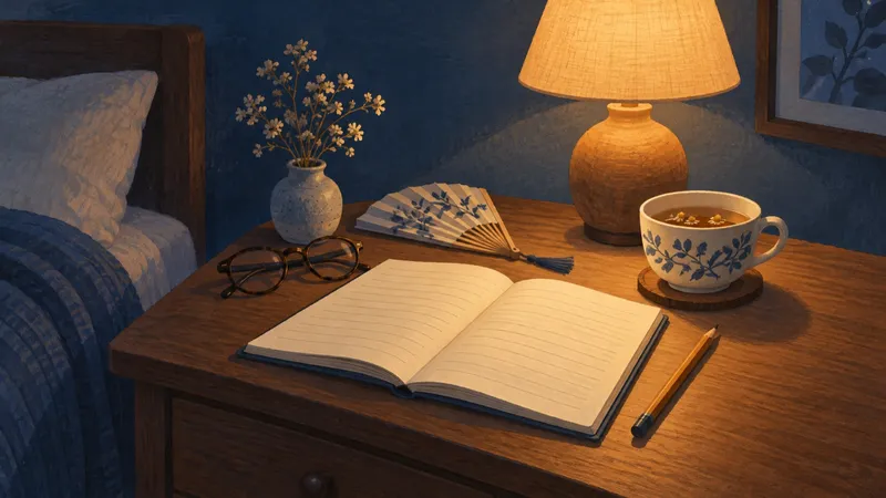 A bedside table at night with an open blank notebook, a pencil, reading glasses, a paper fan and a cup of herbal tea under a warm lamp.