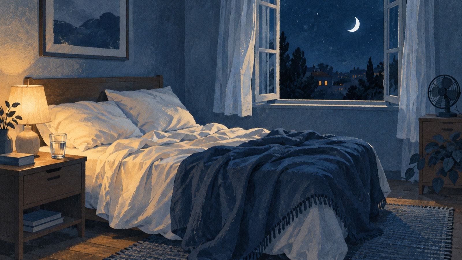 Illustration of a dim bedroom at night with an unmade bed, a lit lamp and glass of water on the bedside table, a small fan and an open window with a crescent moon