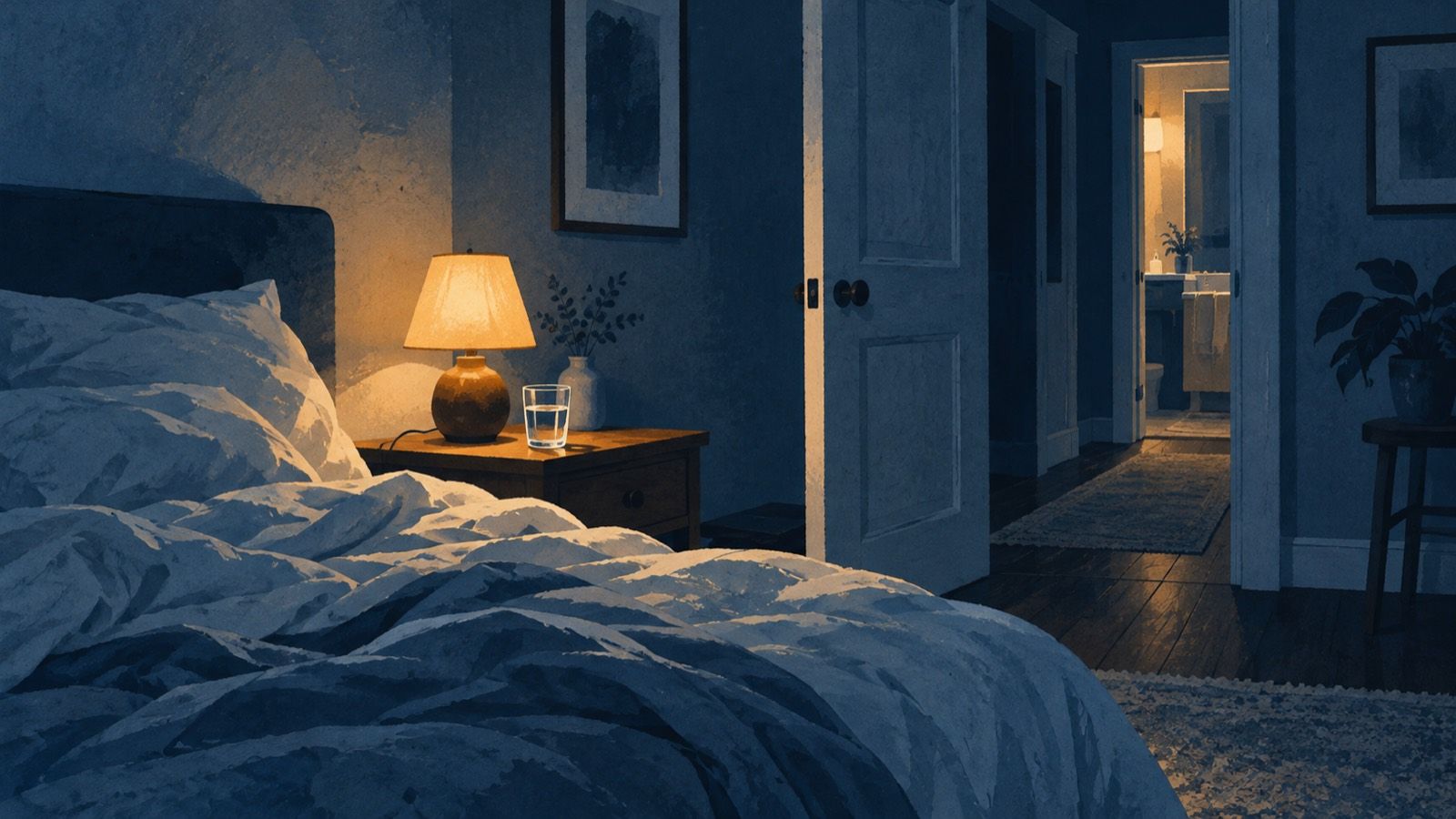 A dim bedroom at night with a rumpled bed, a lit amber bedside lamp and a glass of water, and an open door leading to a softly lit bathroom down the hall