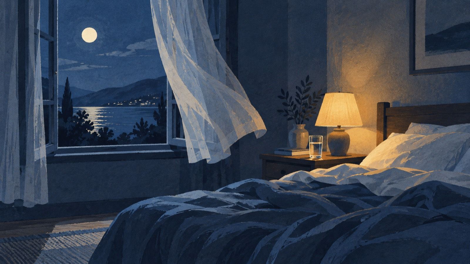 Illustration of a dim bedroom at night with an open window, a curtain moving in the breeze, a glass of water and a lit bedside lamp