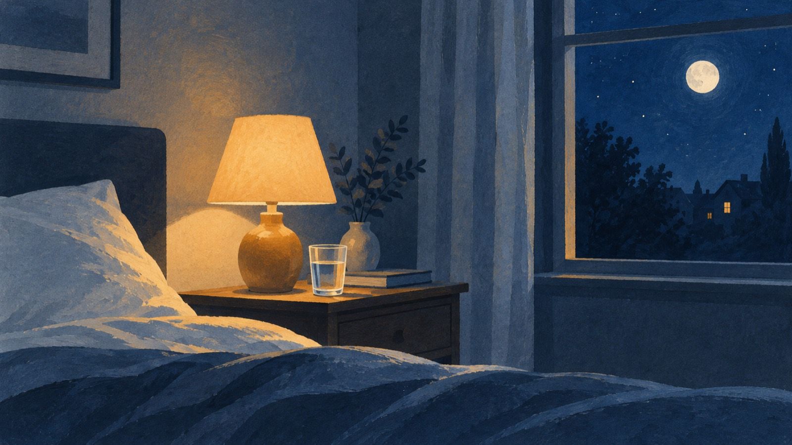 Illustration of a dim bedroom at night with a lit lamp, a glass of water and a book on the bedside table, and a moon outside the window