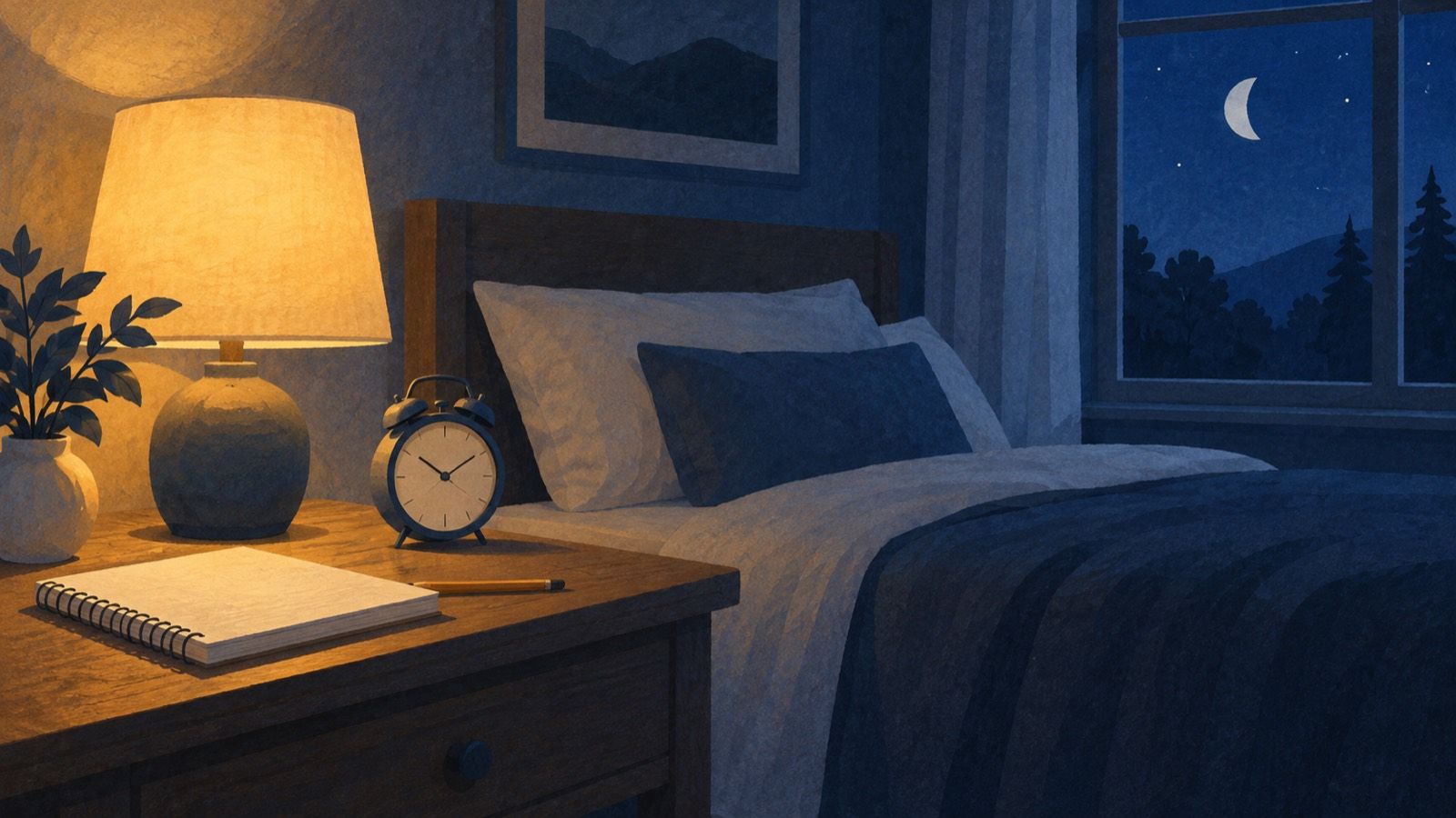 A lamplit bedside table with a blank spiral notebook, a pencil and a numberless alarm clock beside a made bed, with a crescent moon in the window