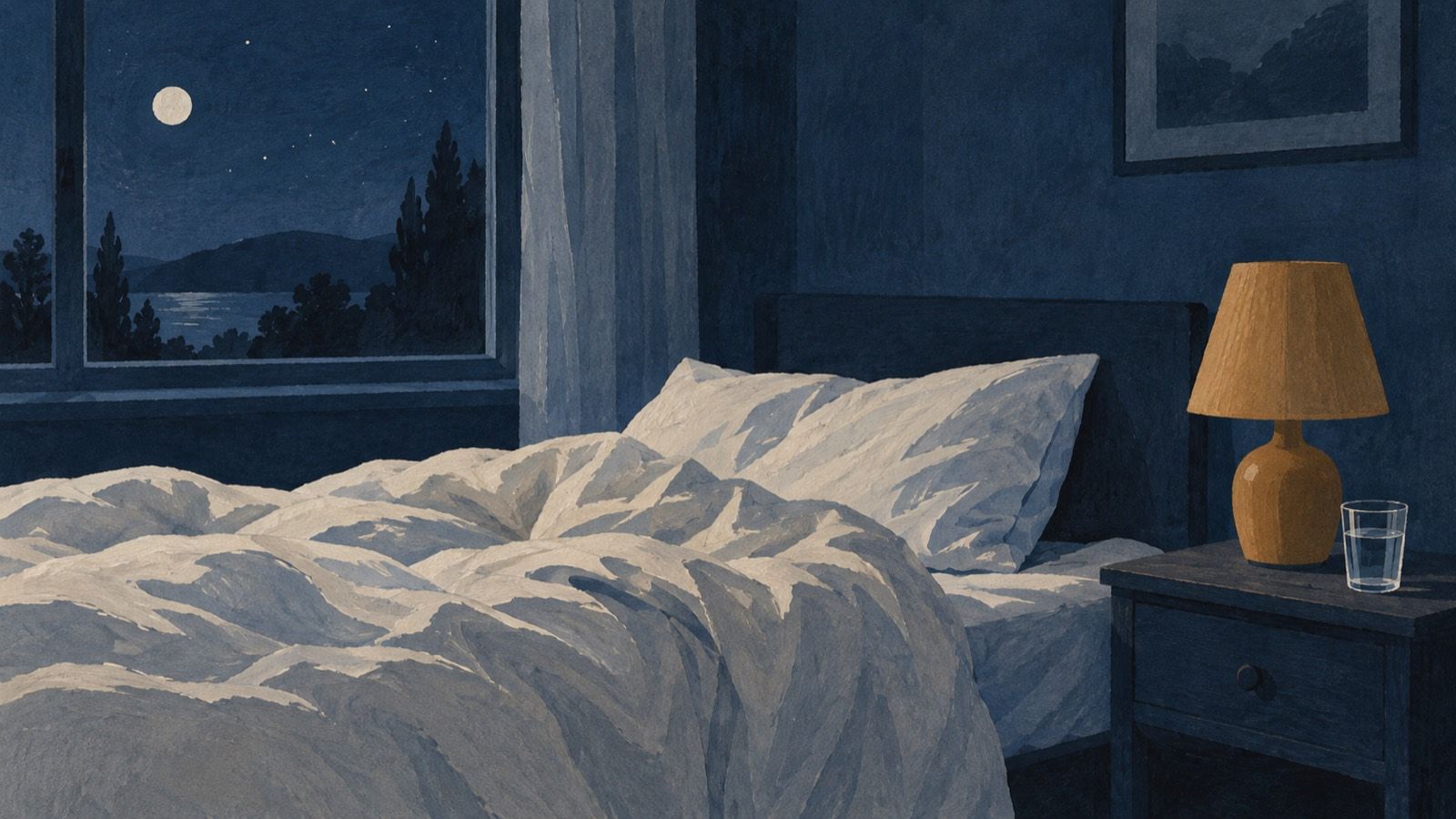 A dim bedroom at night with an unmade bed, a switched-off amber lamp and a glass of water on the bedside table, moonlight in the window