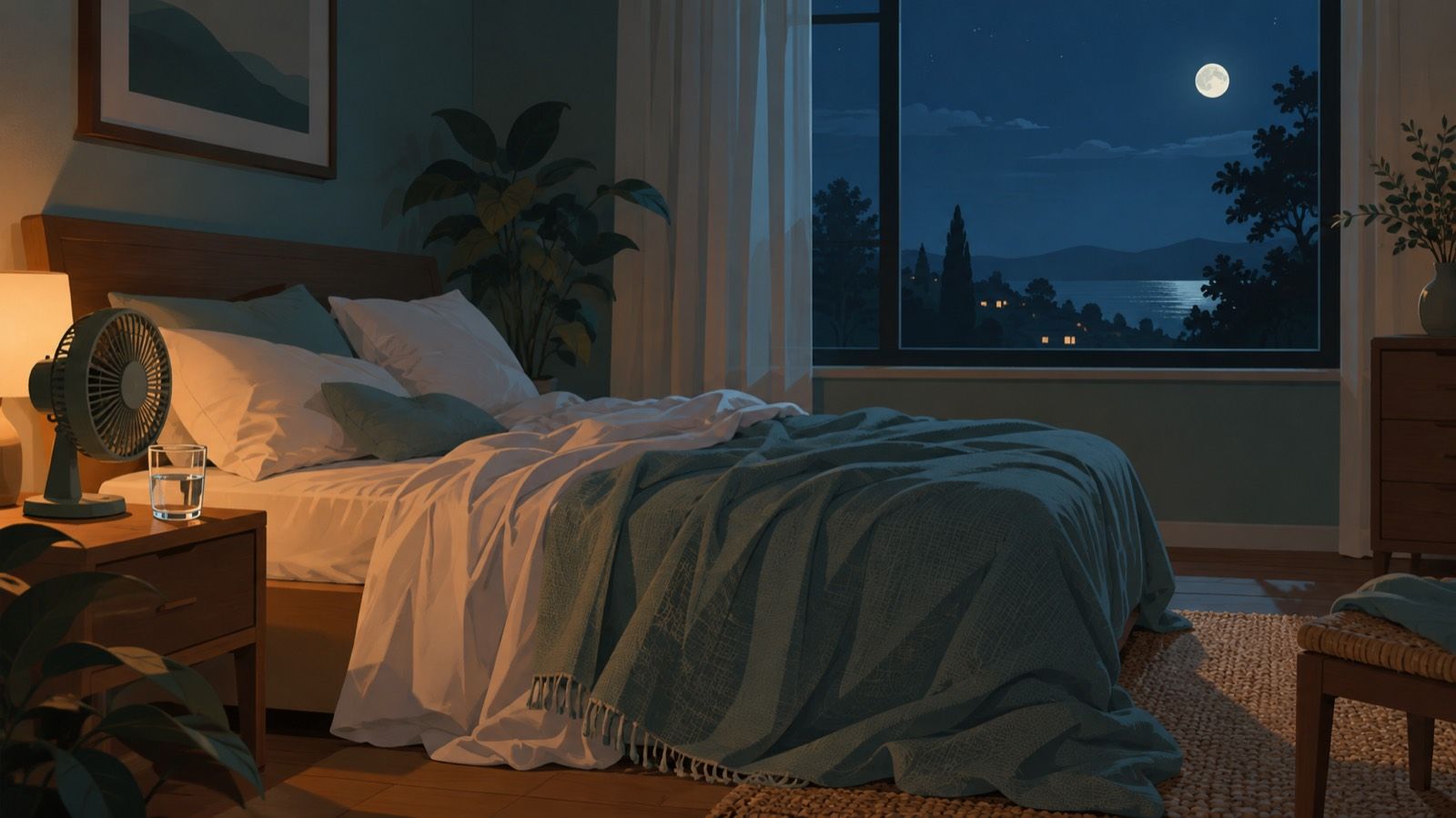 Illustration of a dim bedroom at night with a rumpled bed, a bedside fan, a glass of water and a moonlit window